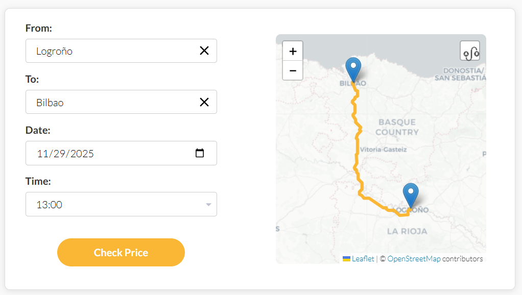 Taxibokningssystemgrensesnitt som viser rutevalgskjema og interaktivt kart med bestillingsfunksjonalitet